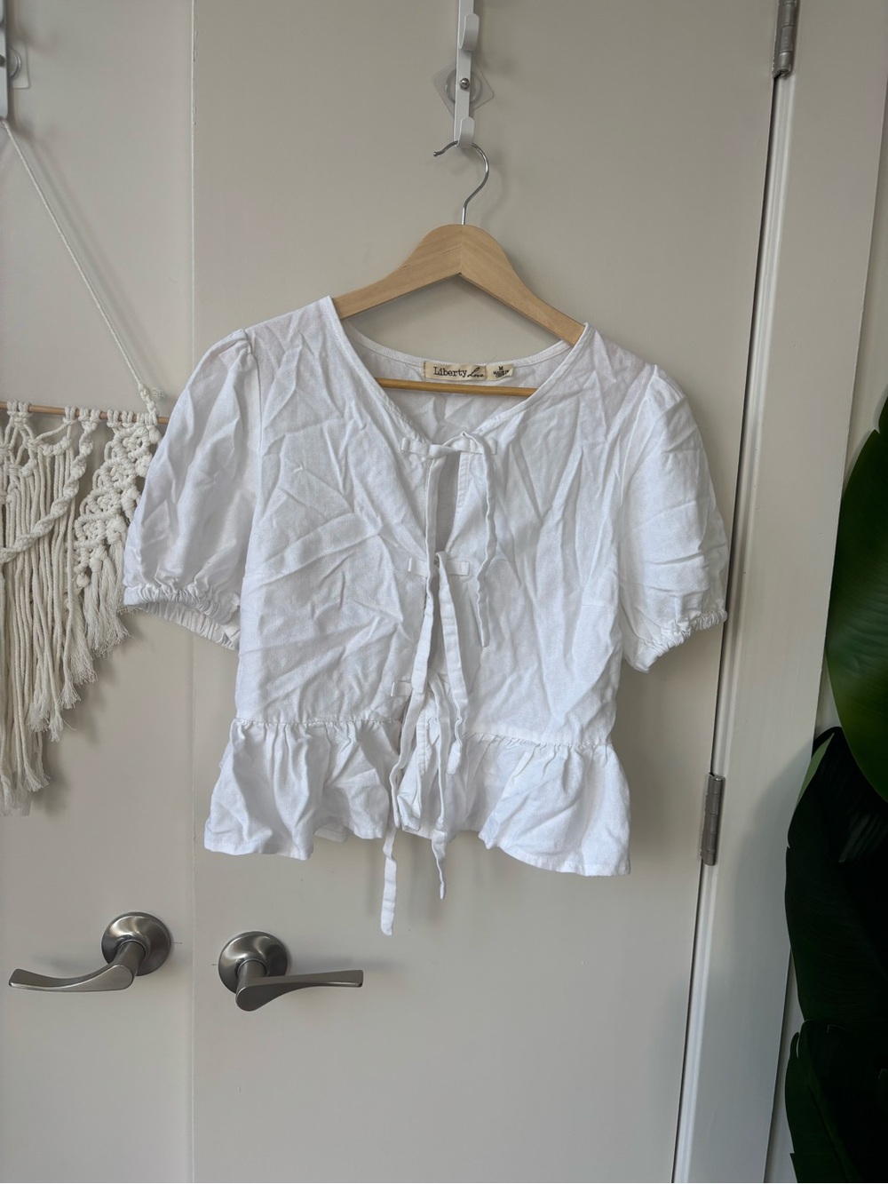 Liberty Love White Tie-Front Peplum Blouse